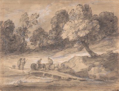 Wooded Landscape with Figures on Horseback Crossing a Bridge by Thomas Gainsborough